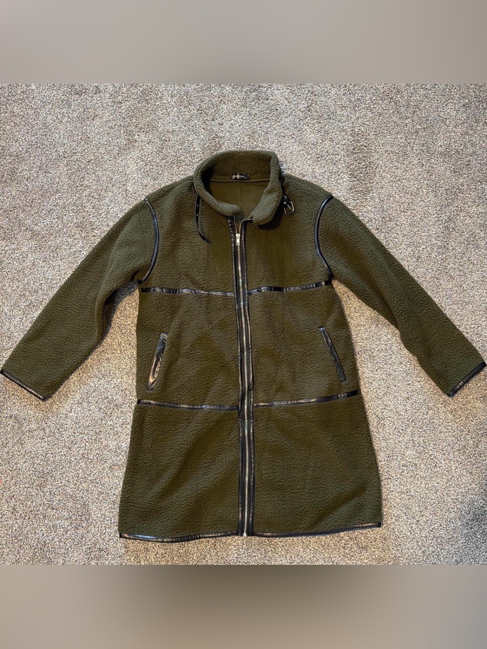 Women's Olive Green Teddy Coat with Zip Closure